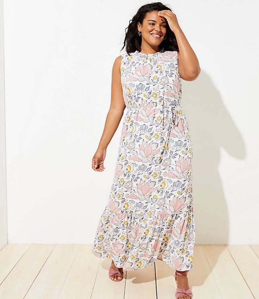 LOFT Women's Blossom Ruffle Maxi Dress White Pink Floral Size L